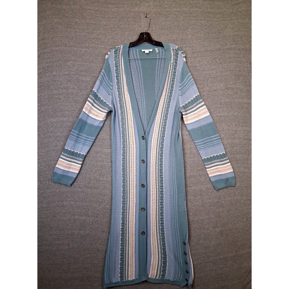 Simply Noelle Womens‎ L Cardigan Blue Stripe Crochet Duster Boho Longline Career